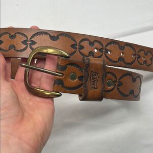 Vintage Levis Harness Leather Brown Tooled Western Belt
